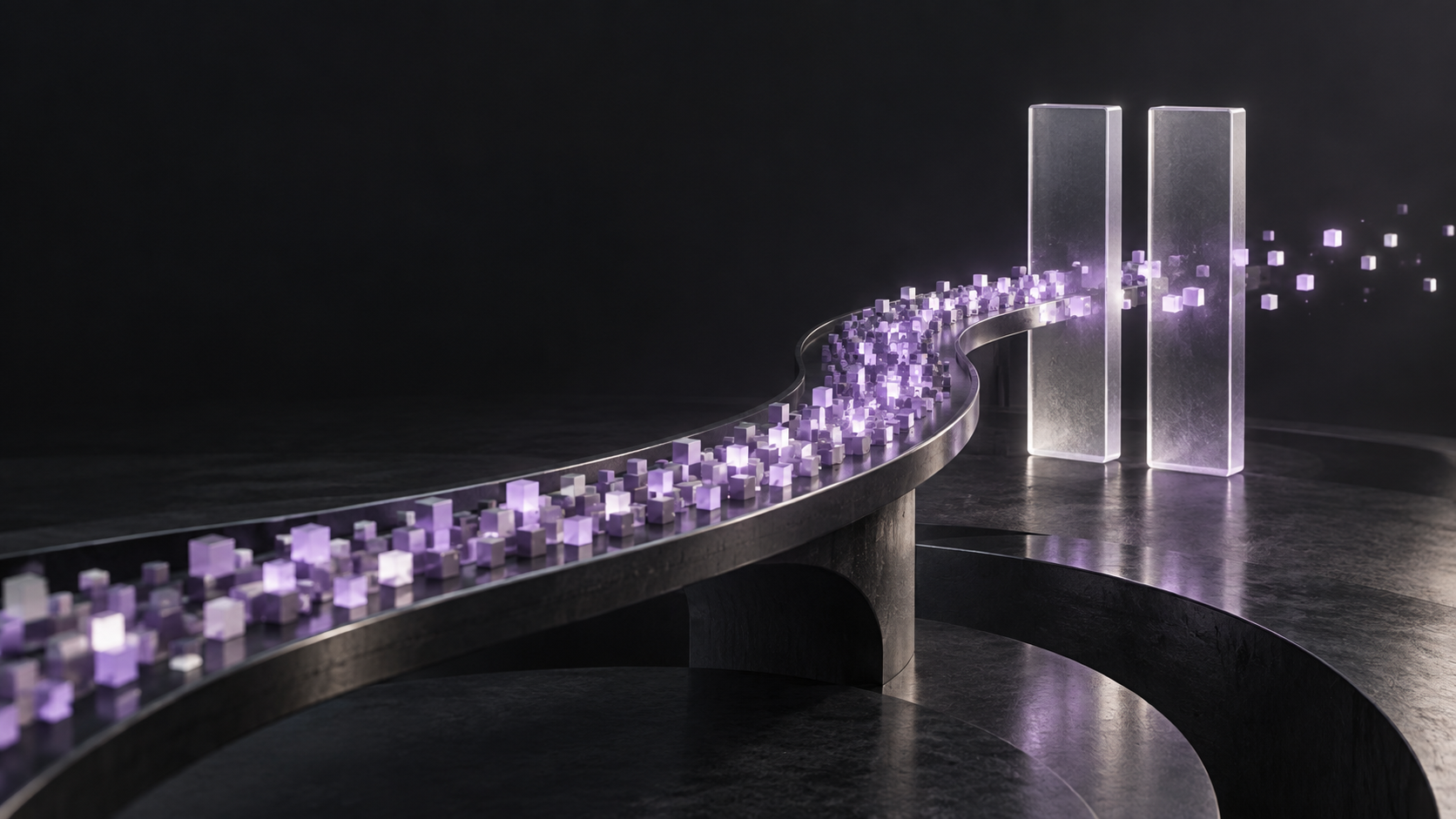 Lavender cubes moving along a graphite track through two glass bars shaped like a pause symbol.