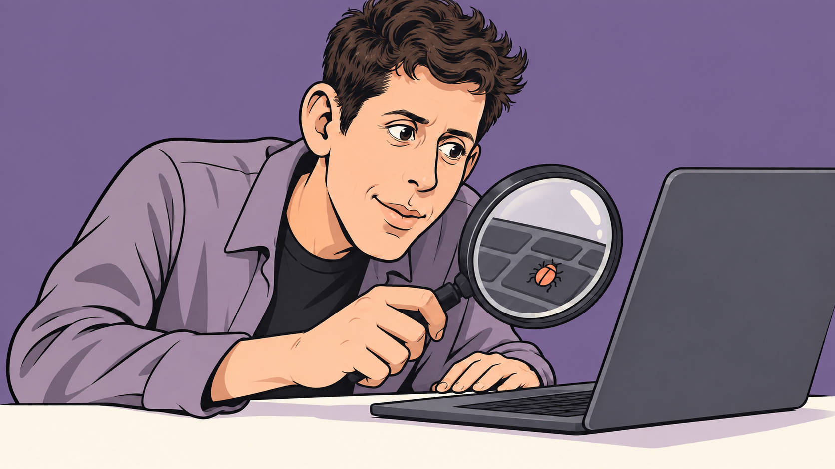 Editorial cartoon of Sam Altman examining a small bug on a laptop through a magnifying glass.
