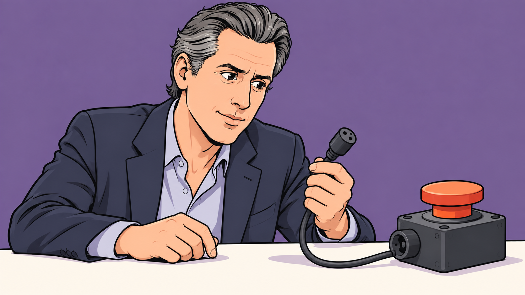 Editorial cartoon of Gavin Newsom examining the disconnected cable of an emergency shutoff switch.