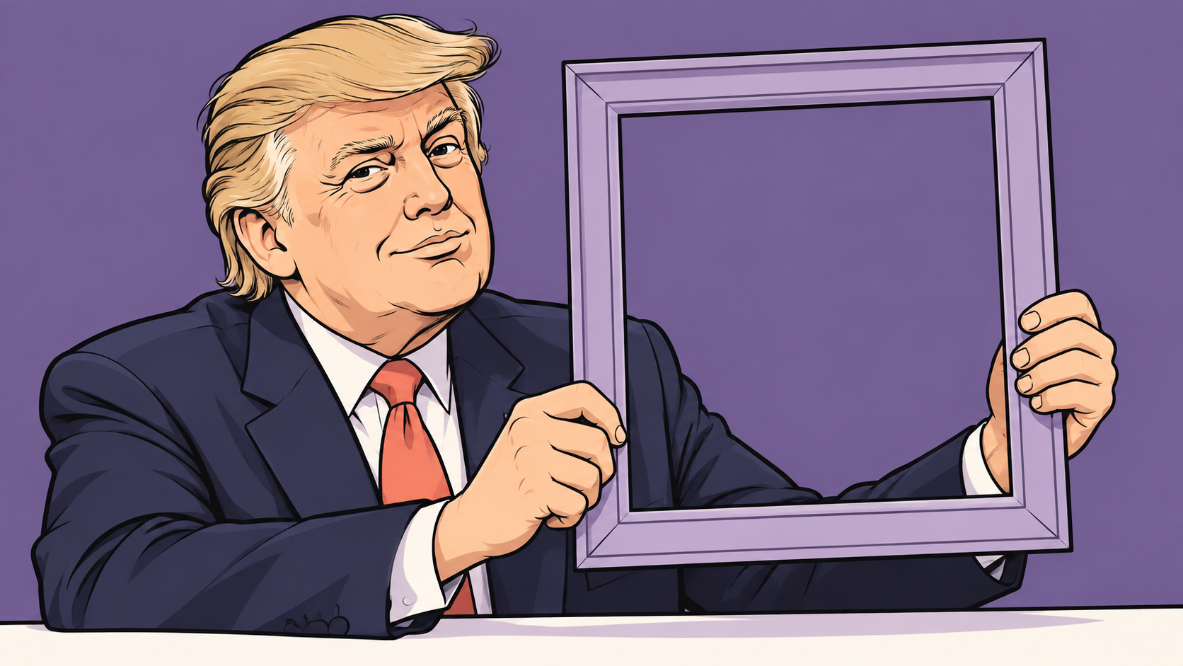 Conceptual editorial cartoon of Donald Trump holding an empty lavender picture frame.