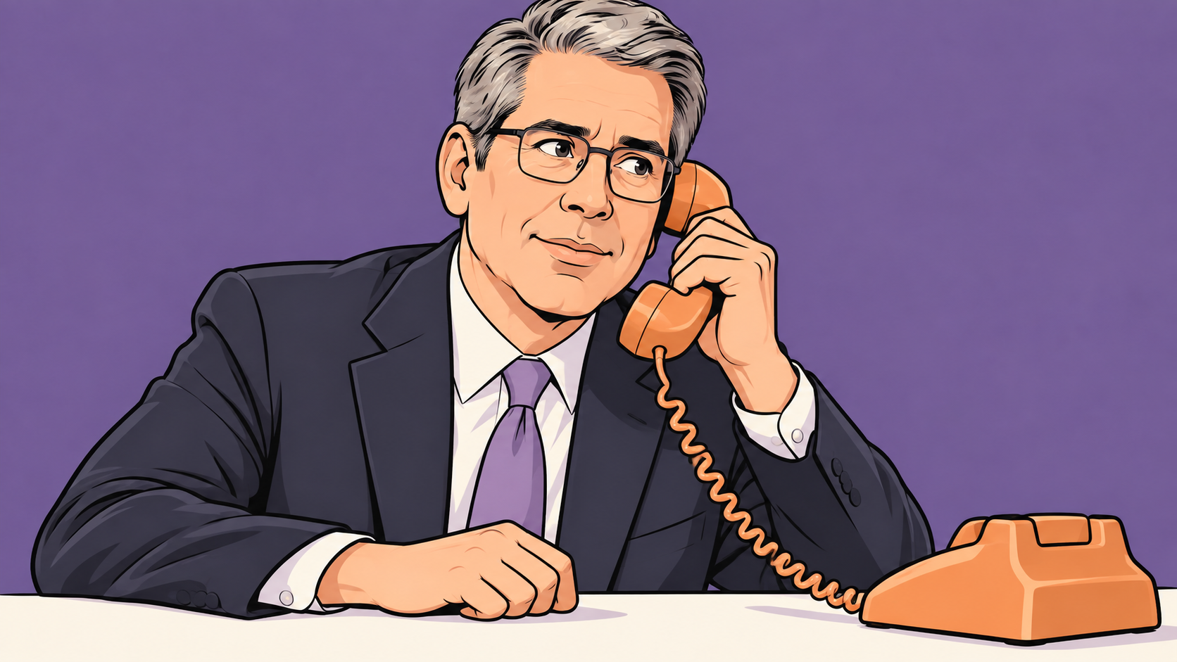 Conceptual editorial cartoon of Scott Bessent listening on an apricot telephone against a purple background.