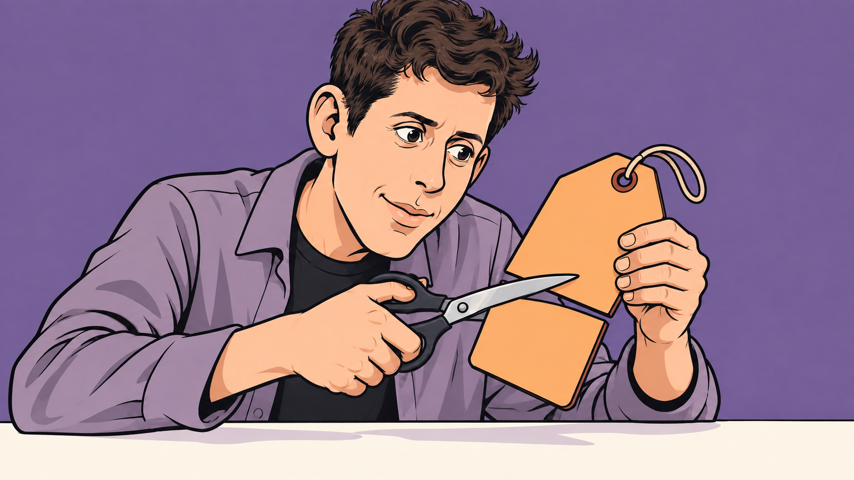 Conceptual editorial cartoon of Sam Altman cutting an apricot price tag with scissors against a purple background.
