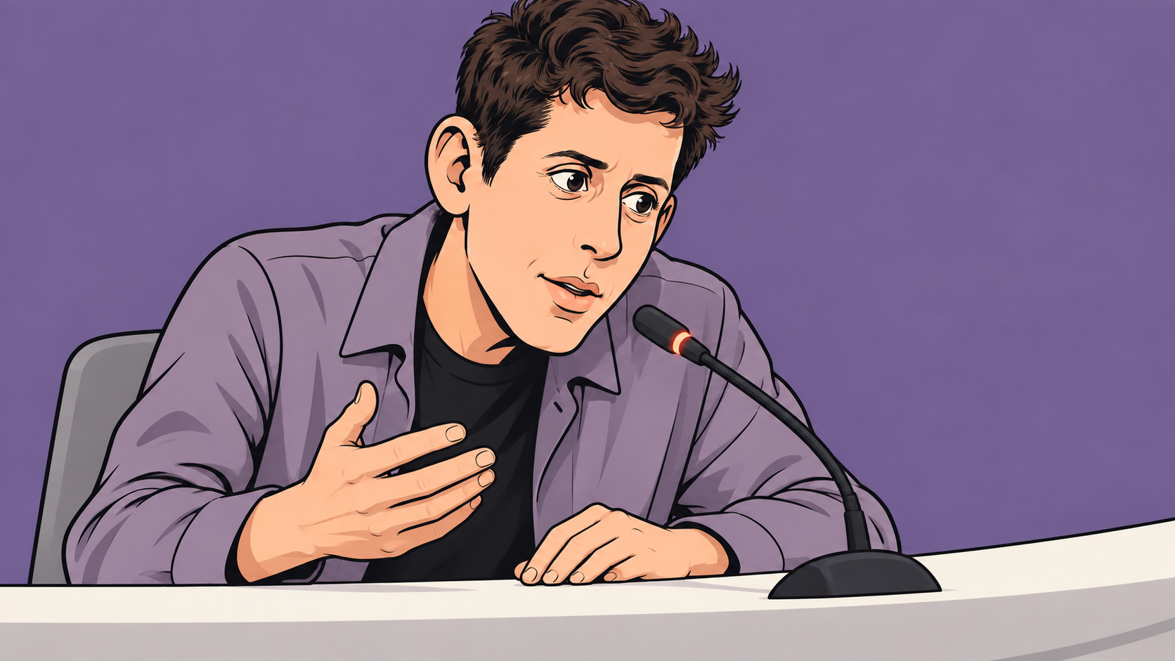 Conceptual editorial cartoon of Sam Altman speaking into a conference microphone against a muted purple background.