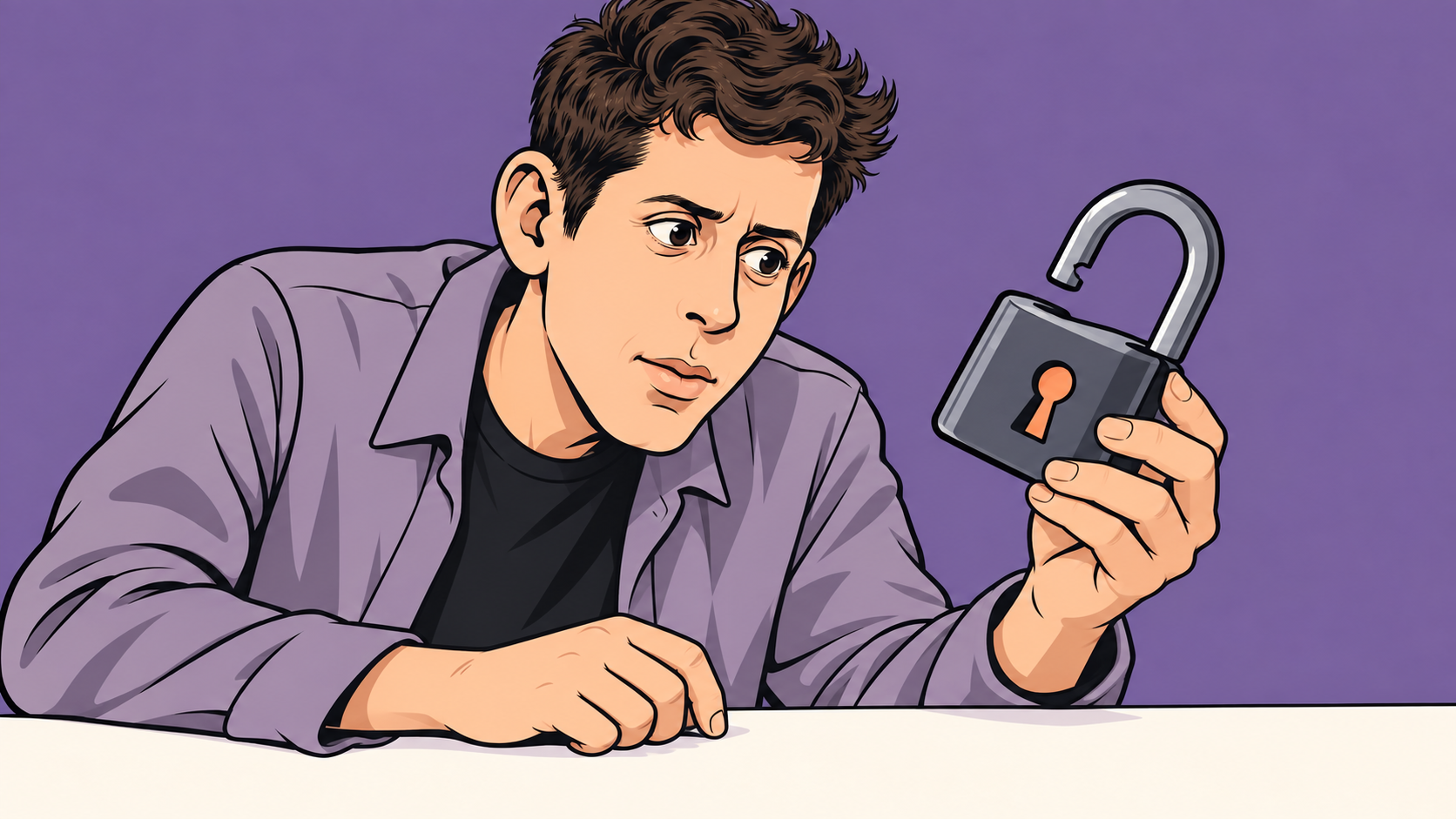 Conceptual cartoon of a concerned Sam Altman examining an open padlock against a muted purple background.