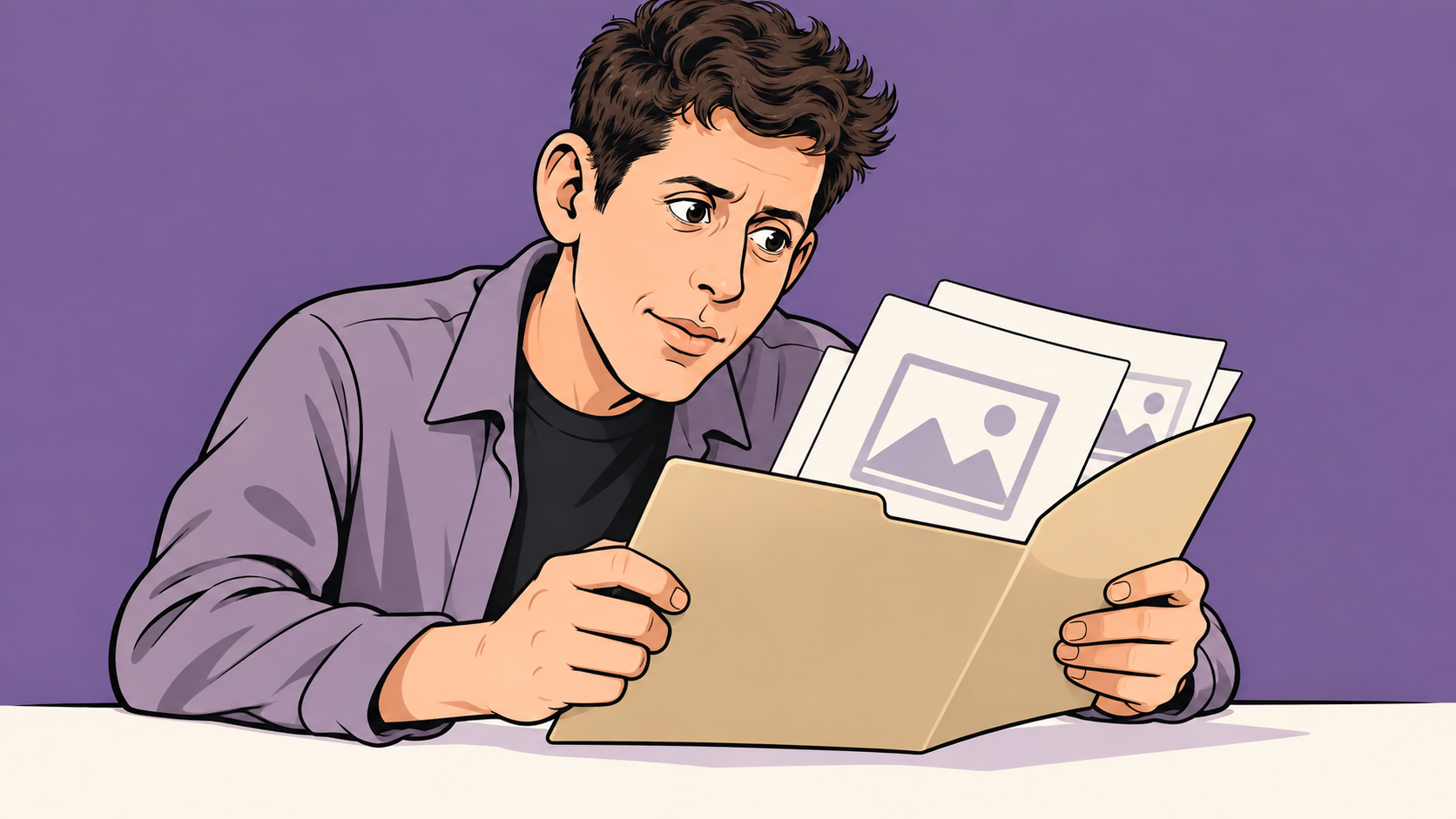 Conceptual cartoon of a concerned Sam Altman reviewing a folder of abstract image symbols against a purple background.