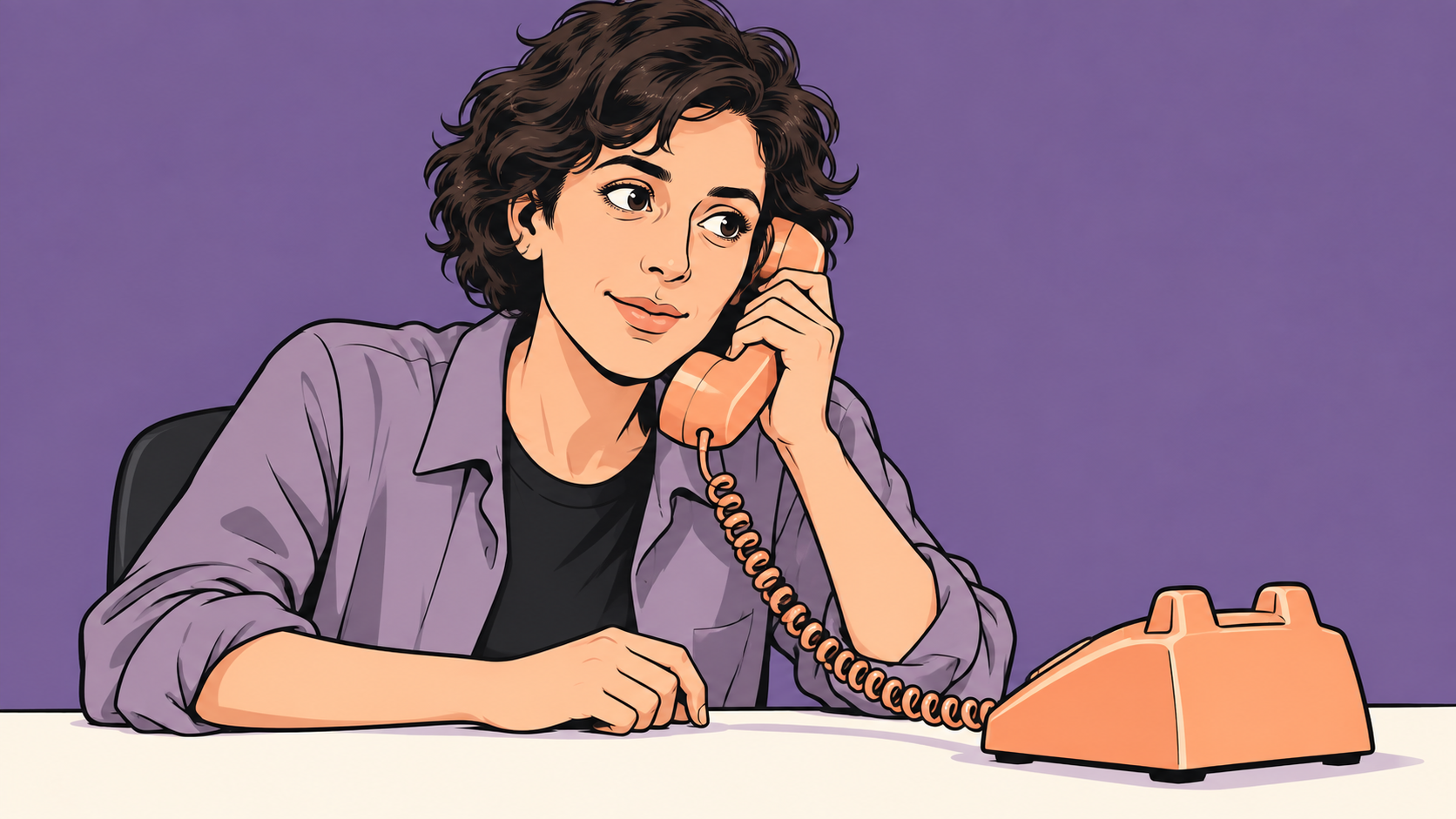 Conceptual cartoon of a thoughtful researcher listening on an apricot desk telephone against a purple background.