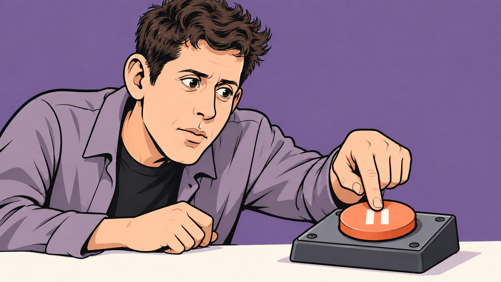 Conceptual cartoon of a concerned Sam Altman pressing an apricot pause button against a muted purple background.