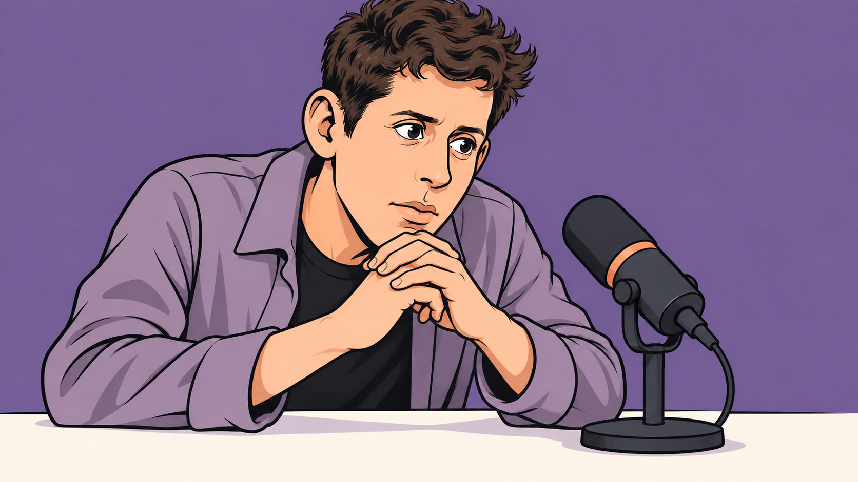 Conceptual cartoon of a thoughtful Sam Altman facing a desktop microphone against a purple background.