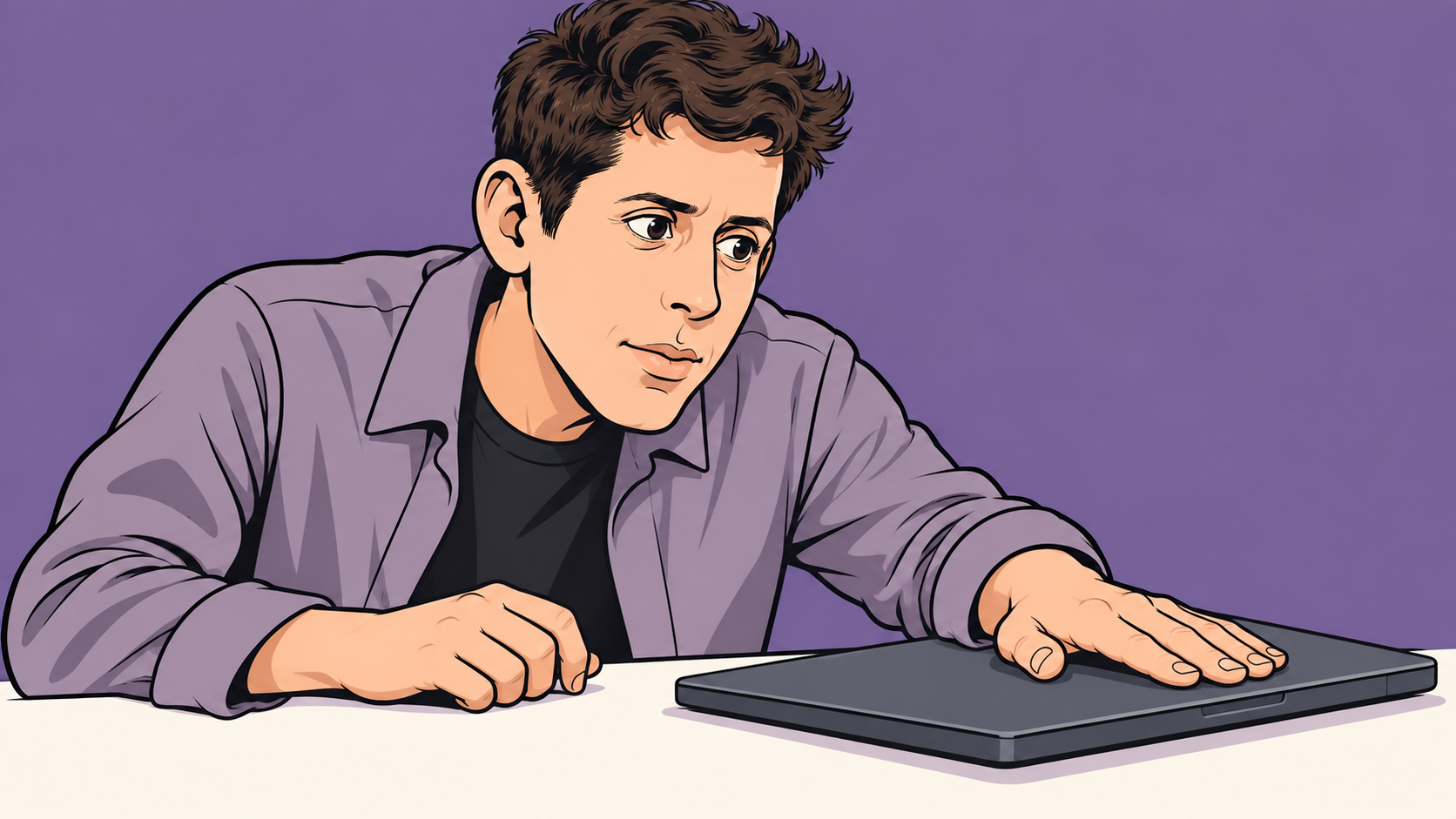 Conceptual cartoon of a serious Sam Altman holding a closed laptop shut against a purple background.