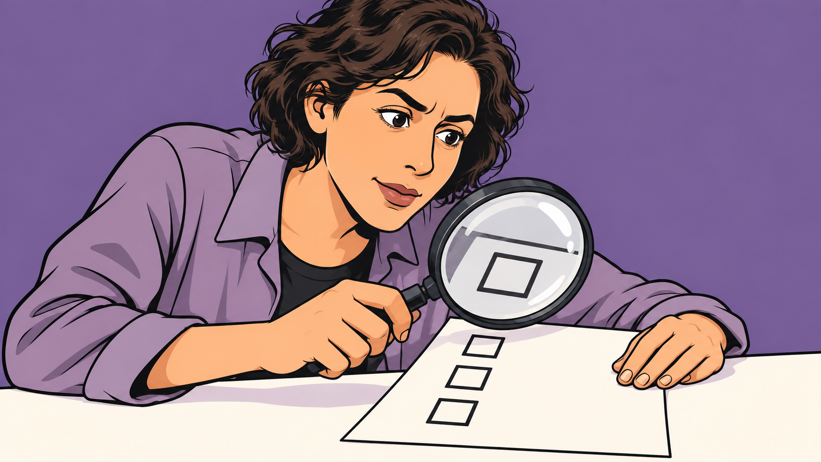 Conceptual cartoon of a thoughtful reader examining an empty safety checklist through a magnifying glass against a purple background.