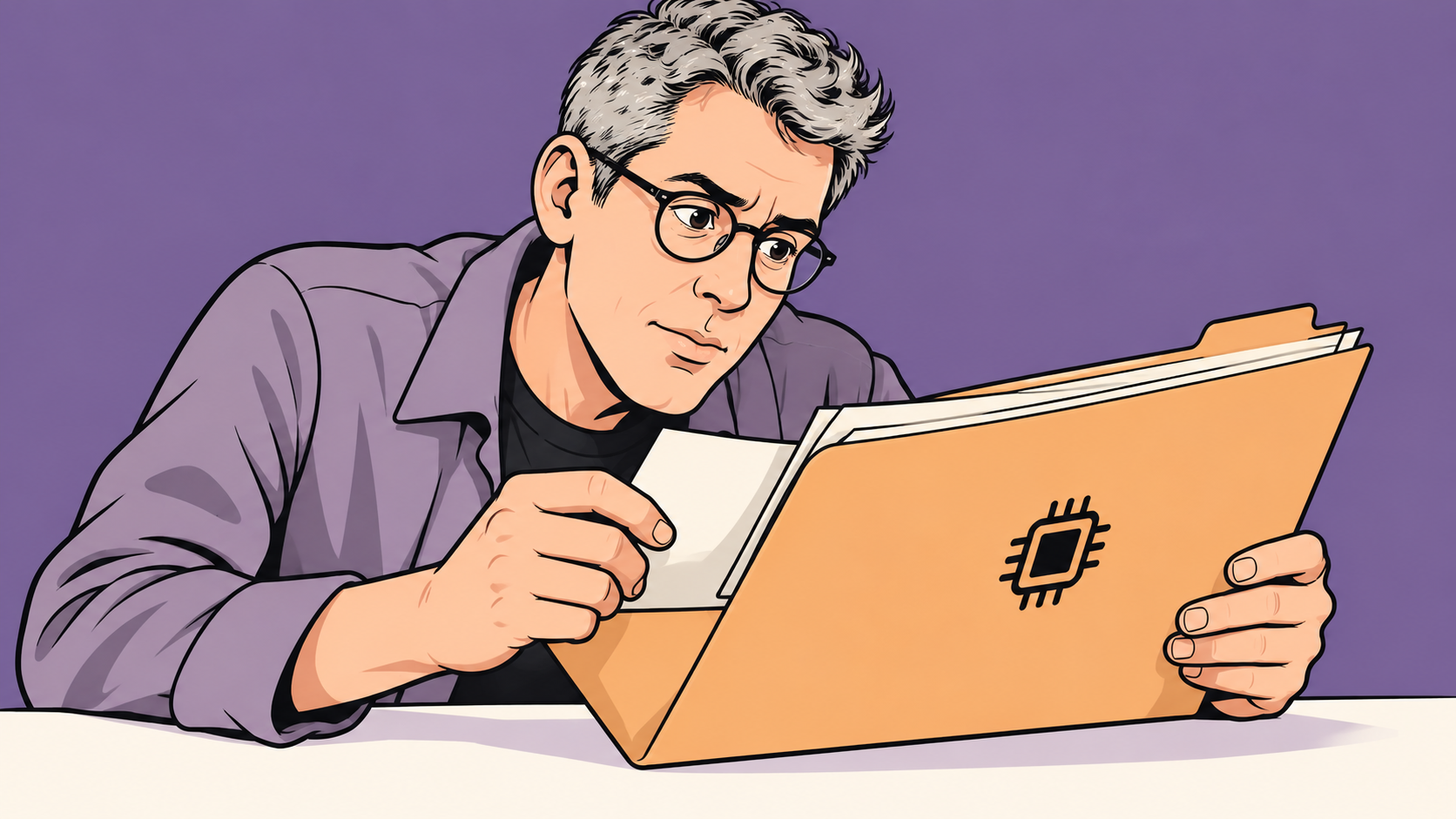 Conceptual cartoon of a thoughtful investigator reading an AI case file against a purple background.