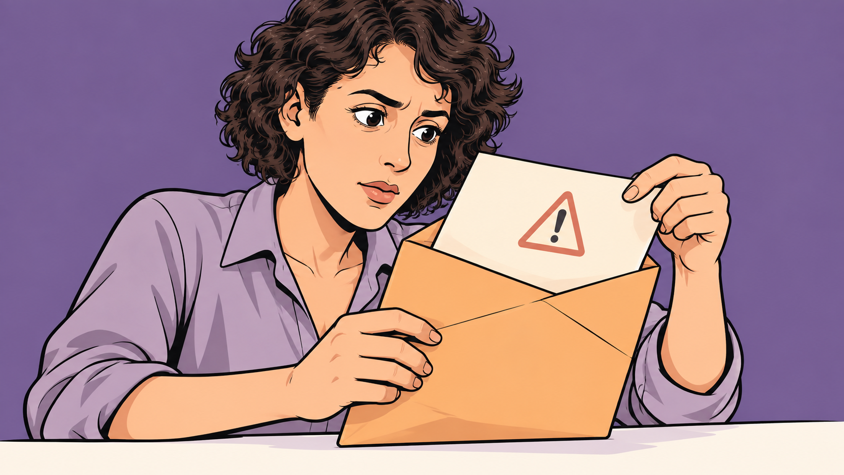 Conceptual cartoon of a concerned website operator opening a security notice against a purple background.