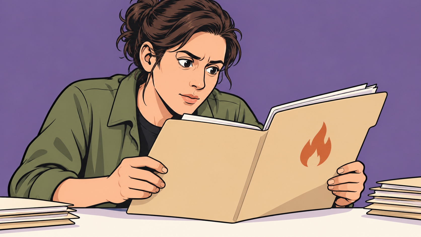 Conceptual cartoon of a concerned parks analyst examining a folder marked with a flame symbol.