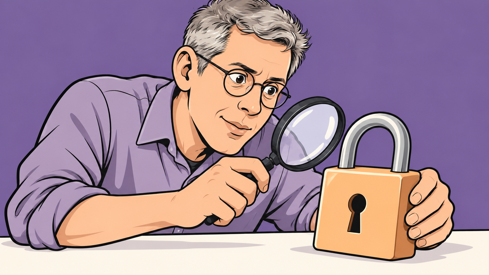 Conceptual cartoon of an inspector examining a padlock with a magnifying glass.