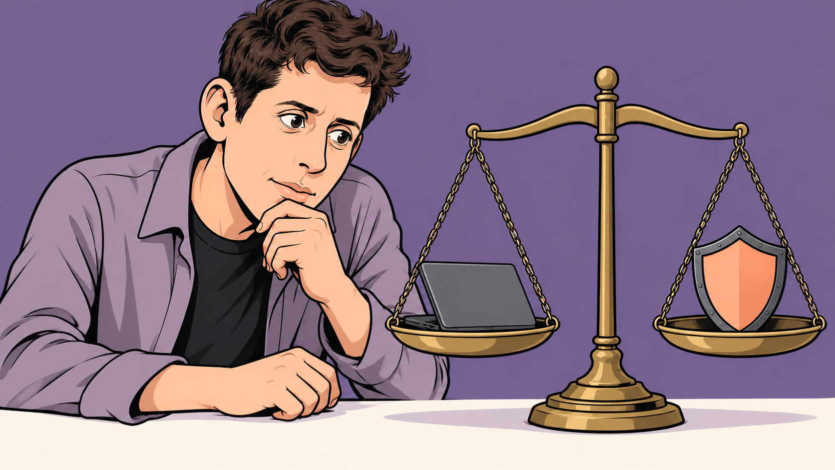 Conceptual cartoon of a thoughtful Sam Altman studying a balance scale holding a laptop and a shield.