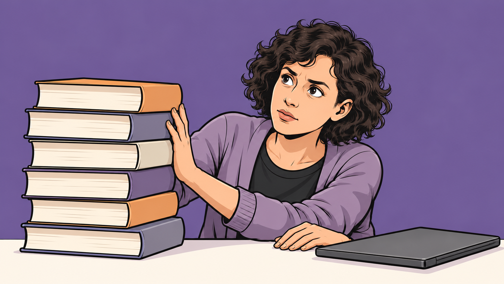 Conceptual cartoon of a concerned web maintainer steadying a stack of reference books beside a laptop.