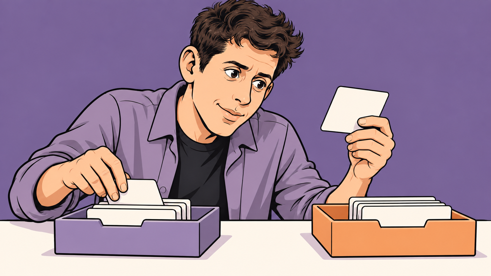 Conceptual cartoon of a thoughtful person sorting message cards into trays while holding one aside for review.