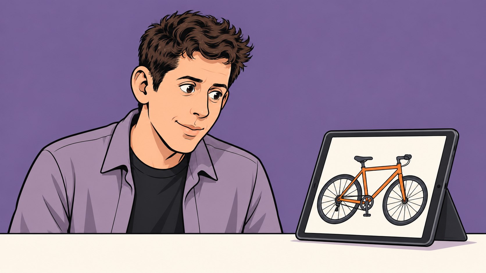 Conceptual cartoon of a thoughtful reader looking at a bicycle diagram on a freestanding tablet.
