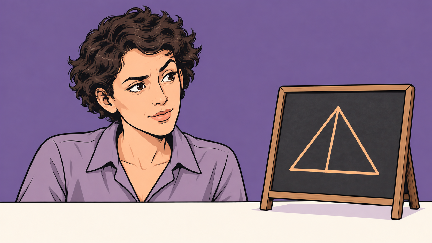 Conceptual cartoon of a thoughtful mathematician beside a freestanding chalkboard with a simple triangle diagram.
