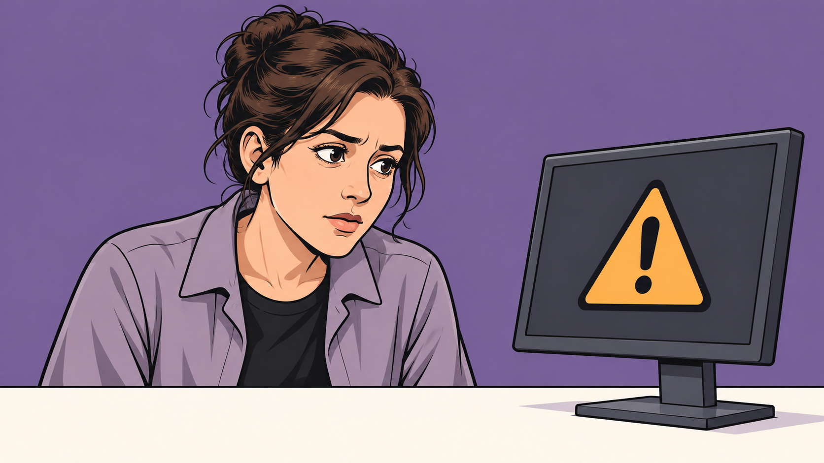 Conceptual cartoon of a concerned researcher beside a freestanding monitor showing a warning symbol.