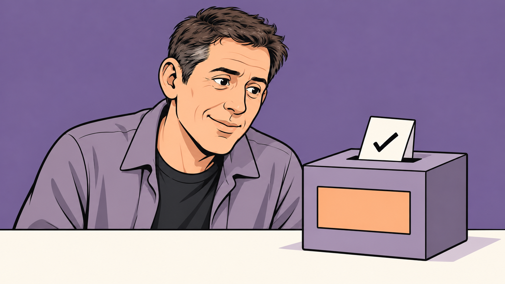 Conceptual cartoon of a thoughtful ordinary user beside a ballot box, representing a public voice in AI decisions.