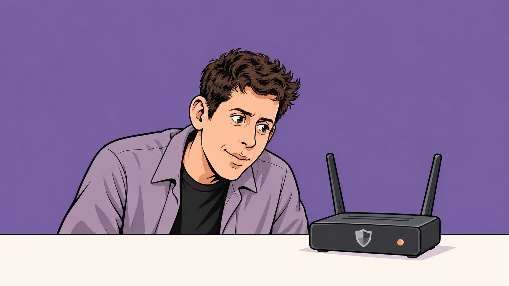 Conceptual cartoon of a thoughtful man beside a home router with a shield emblem, representing protection of connected devices.