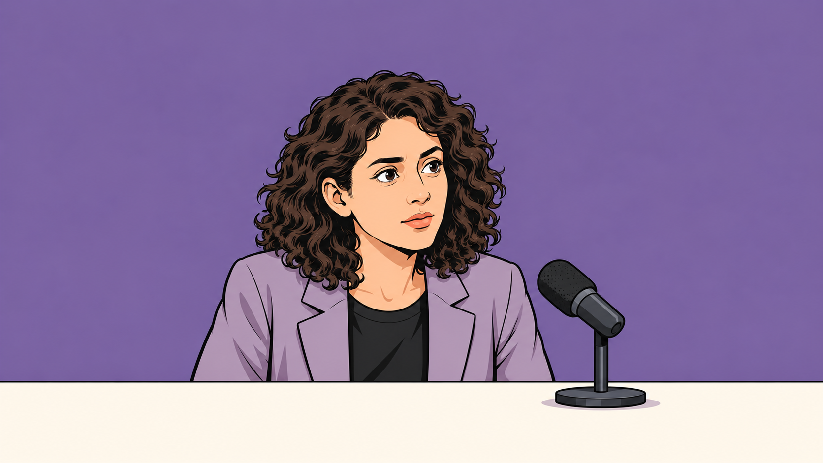 Conceptual cartoon of a thoughtful woman beside a tabletop microphone, representing a public voice in AI oversight.