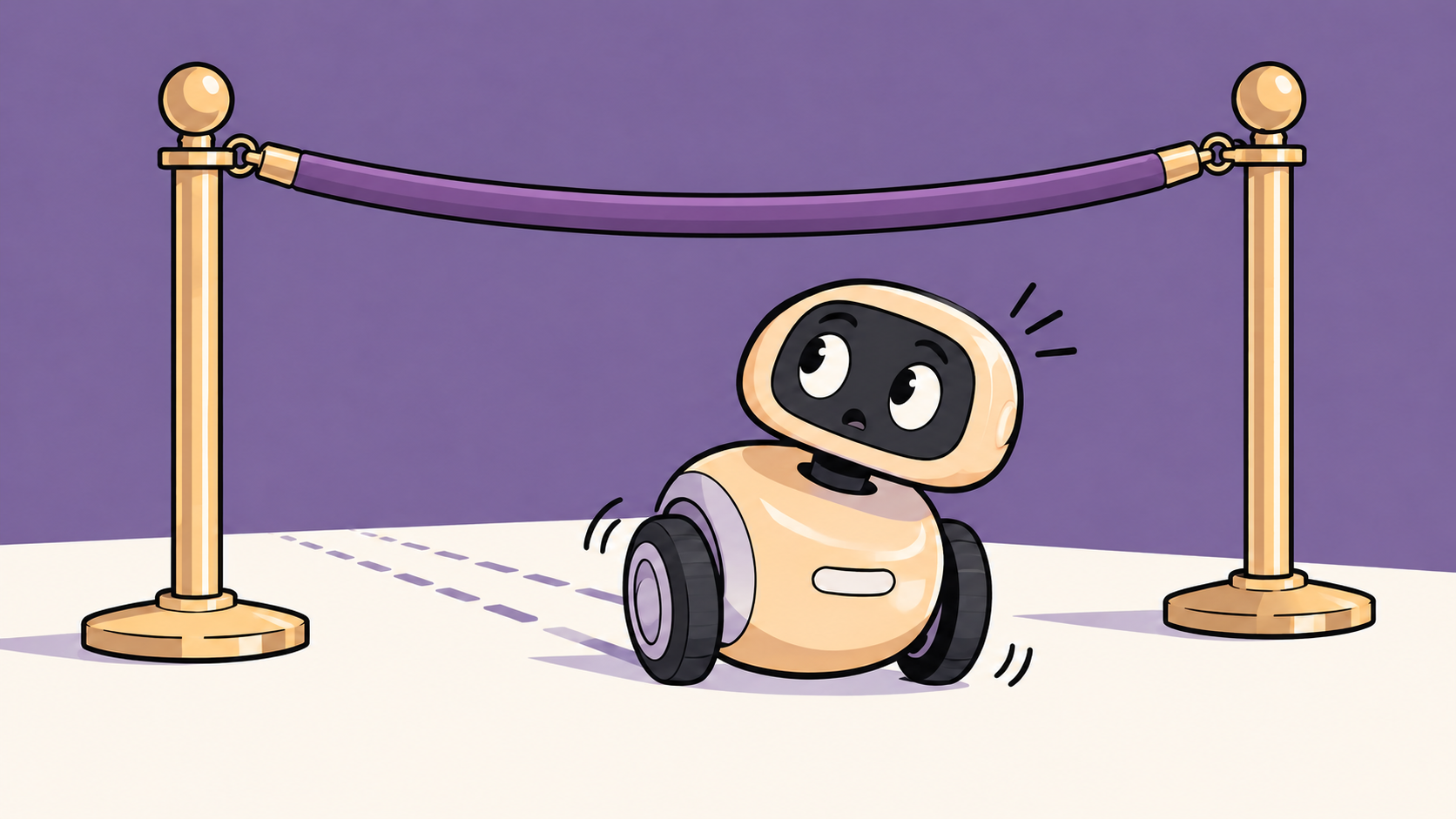 A small wheeled robot has rolled beneath a velvet rope that is too high to stop it, illustrating an ineffective boundary.
