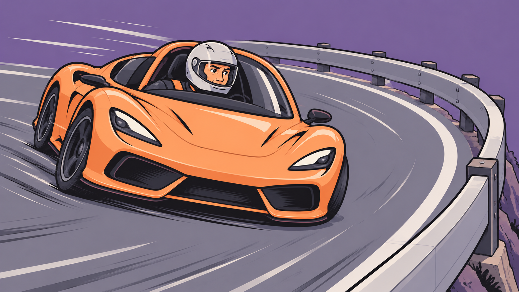 A helmeted driver rounds a sharp bend in an apricot racing car beside a solid guardrail.