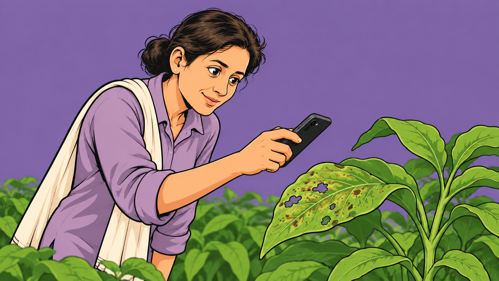 A farmer aims a smartphone at a spotted, damaged crop leaf.