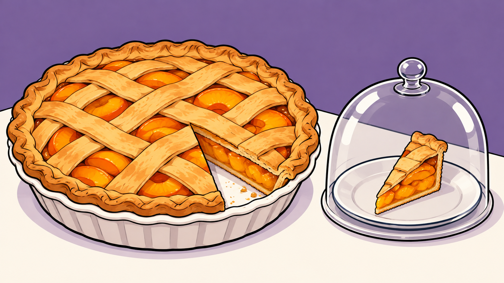A small slice reserved from a larger fruit pie sits under a closed glass serving dome.