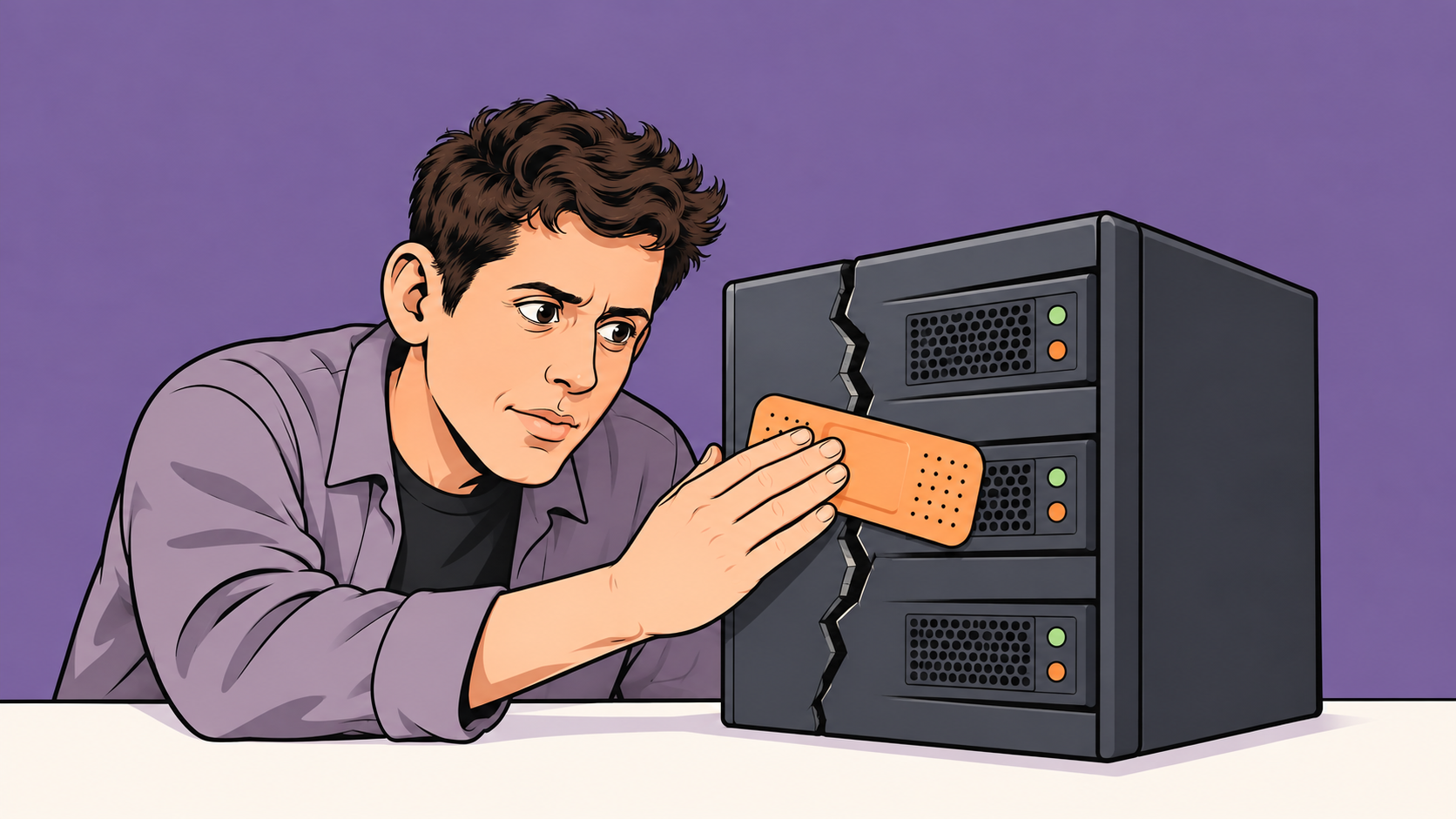 A focused technician presses one adhesive bandage across a jagged crack in a server cabinet.