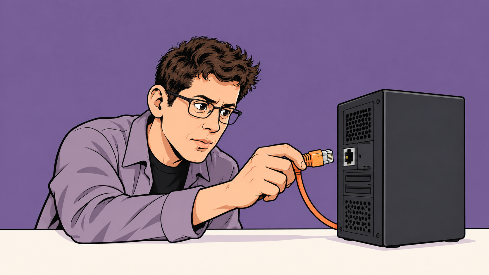 A technician holds an unplugged apricot network connector beside an empty port on a desktop computer.