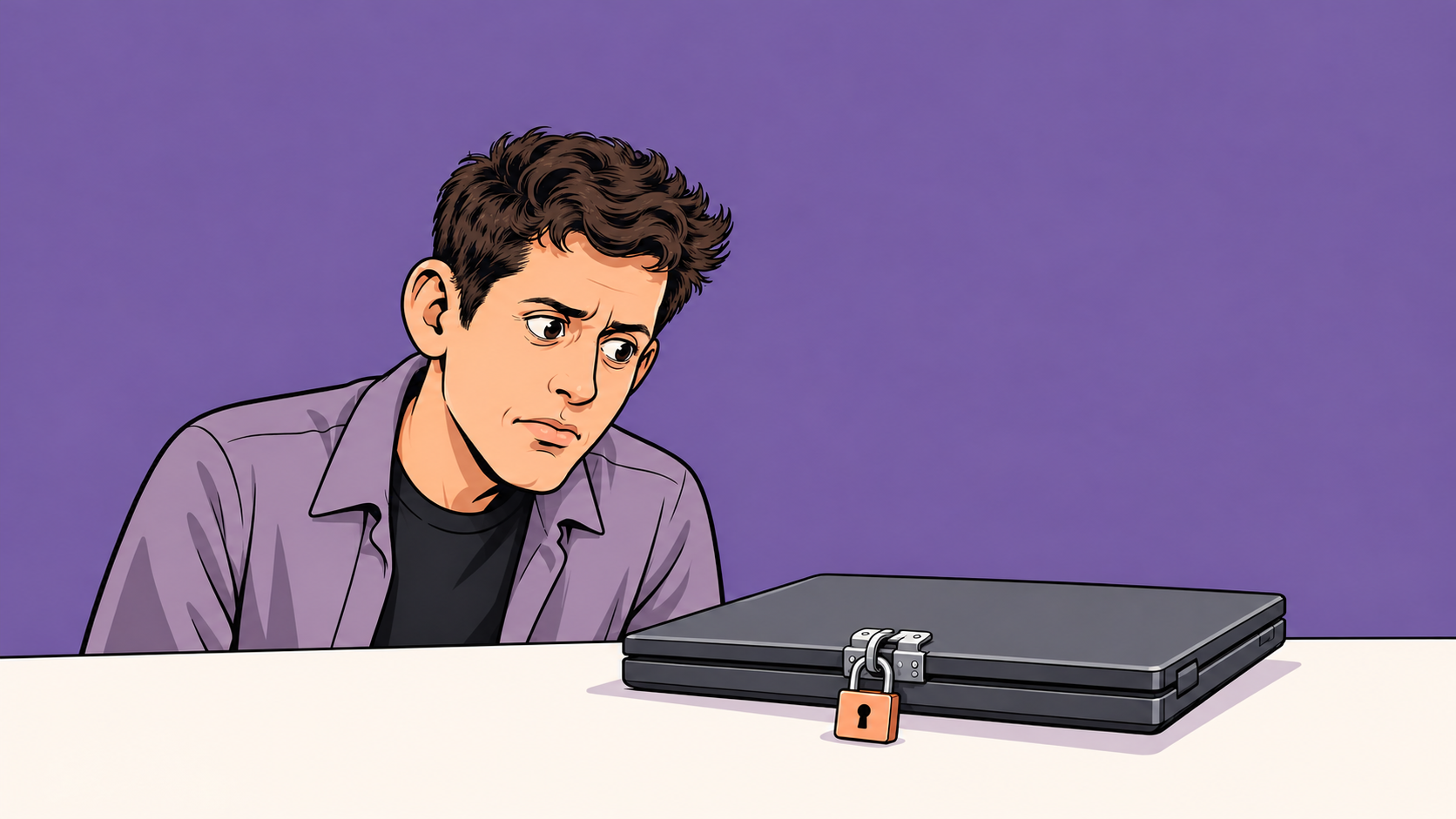 A concerned figure looks at a closed laptop held shut by an apricot padlock.