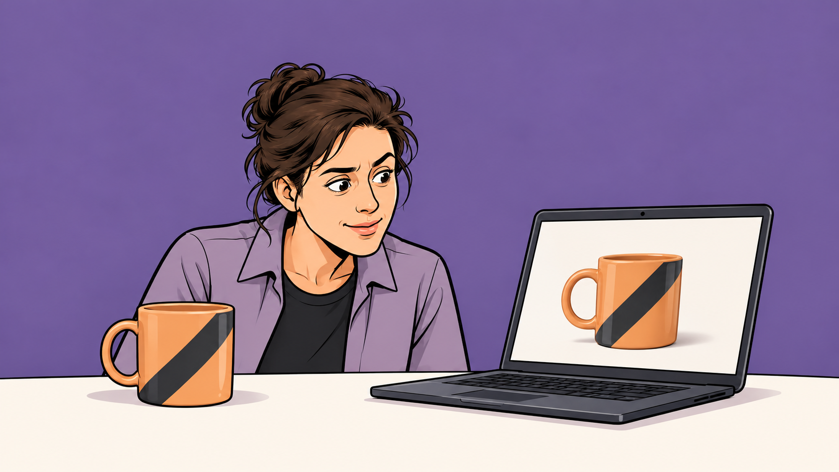 A shopkeeper compares a striped apricot mug with a matching product photograph on a laptop.