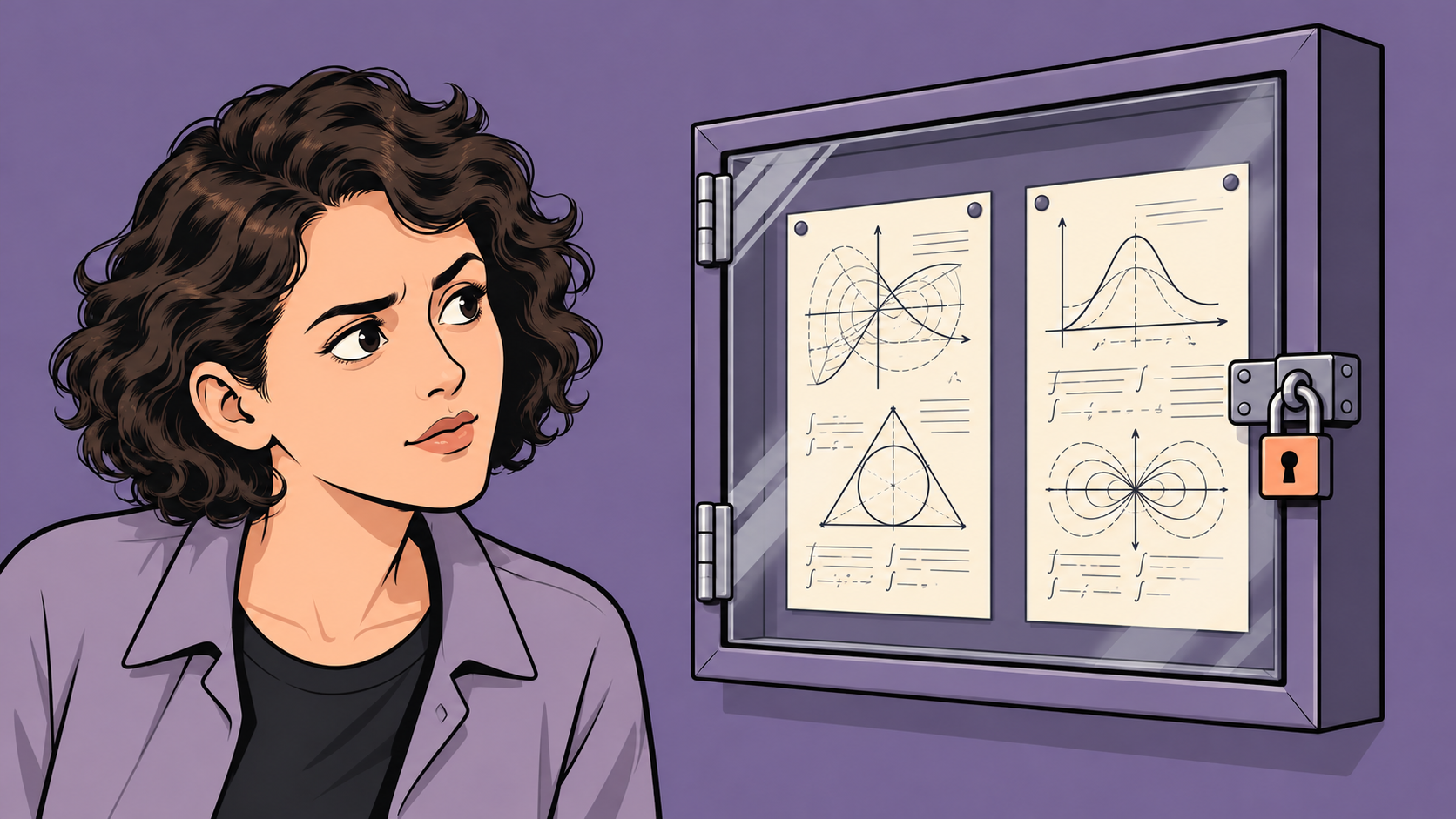 A researcher looks at mathematical diagrams behind a glass cabinet door secured with a padlock.