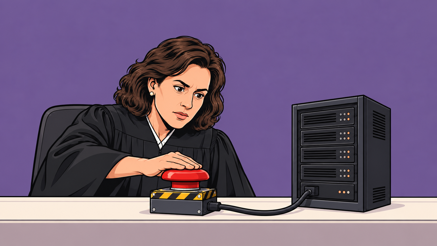 A judge presses a red shutdown button connected by a cable to a server.