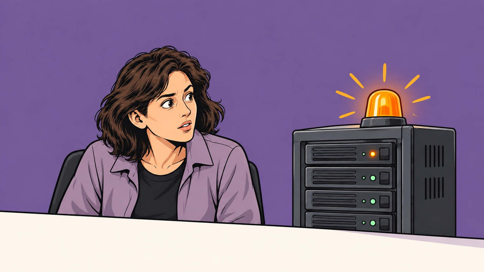 A concerned operator turns toward a glowing amber alarm mounted on a server.