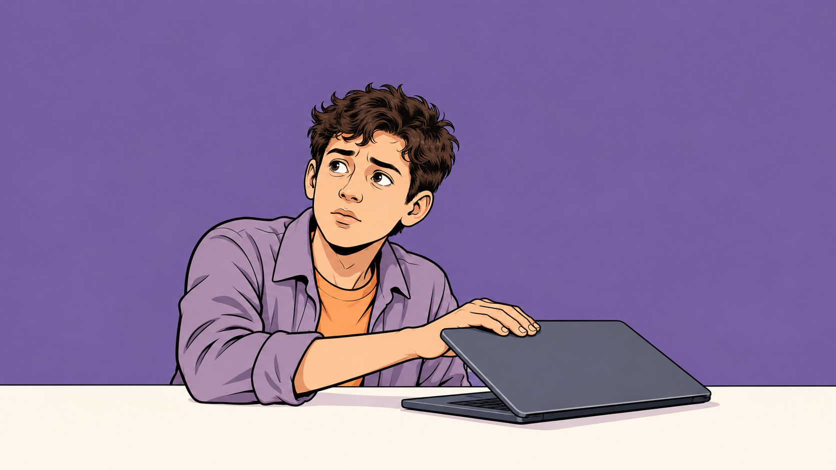 A thoughtful teenager closes a laptop and looks away from the screen.