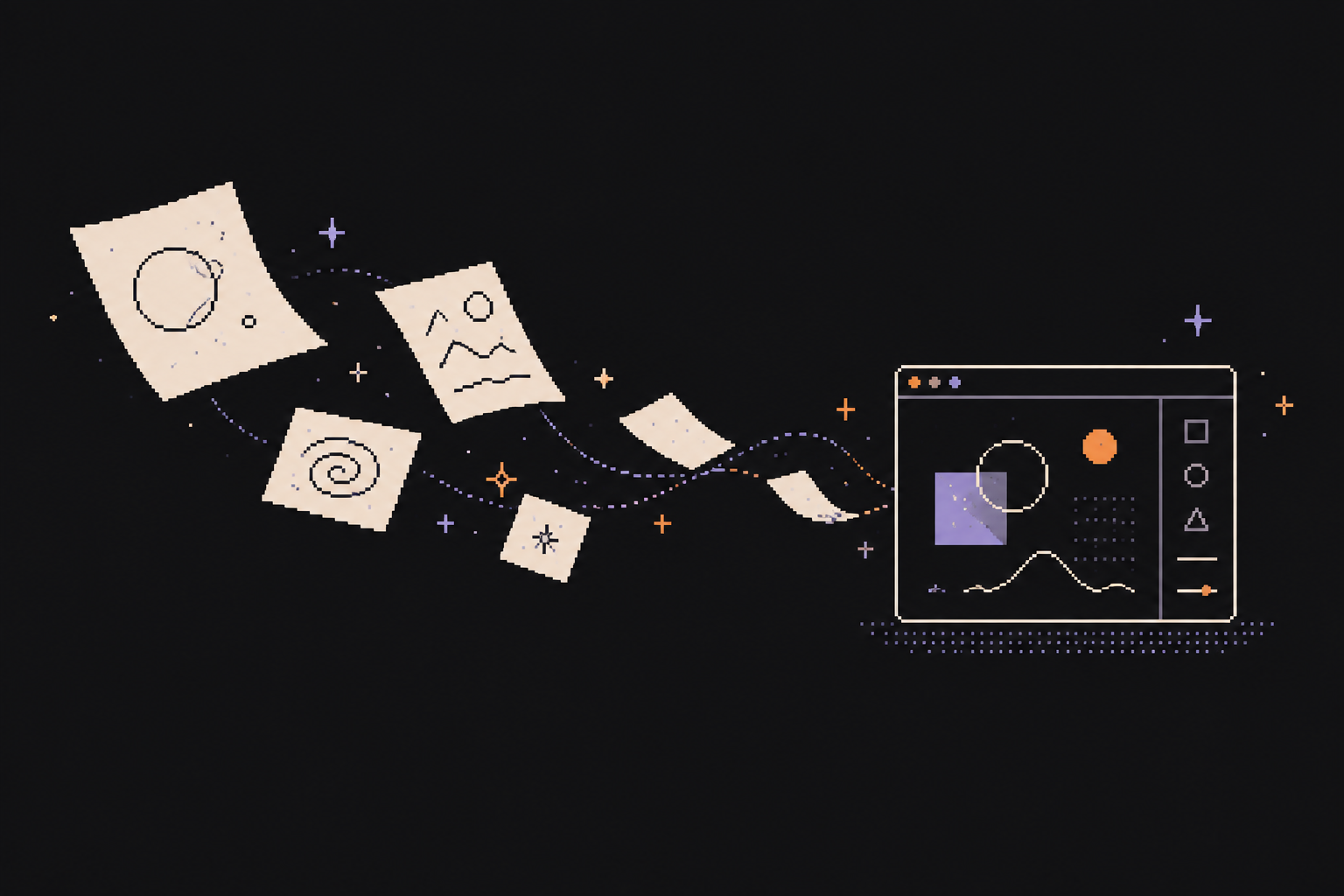 Editorial pixel illustration of sketches turning into an interface