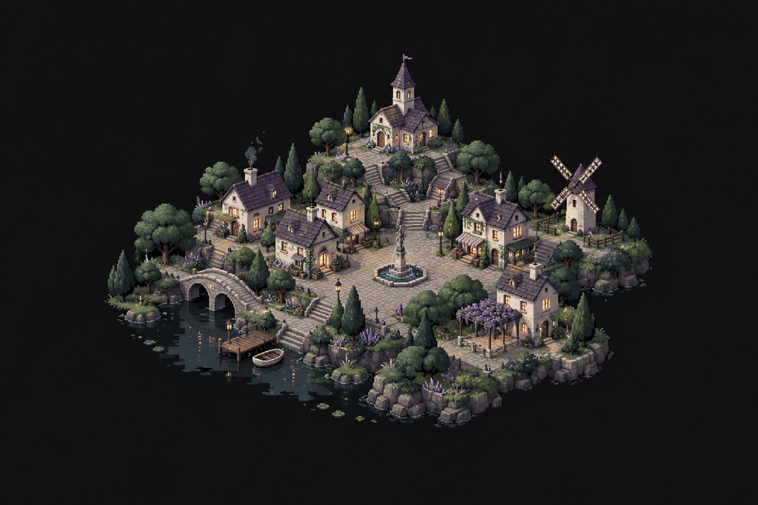 Editorial pixel illustration of a small village among green trees